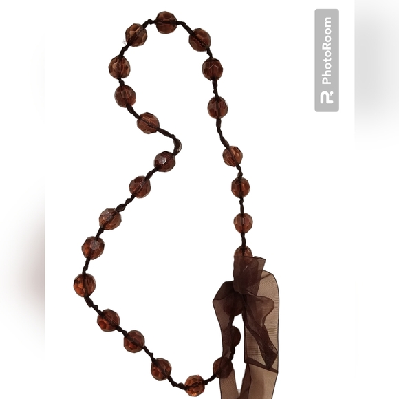 VINTAGE AMBER COLORED RIBBON NECKLACE WITH FACETED ACRYLIC BEADS - Picture 3 of 5